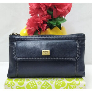 Fossil Black Pebbled Leather Credit Card ID Window Zipper Closure Wallet